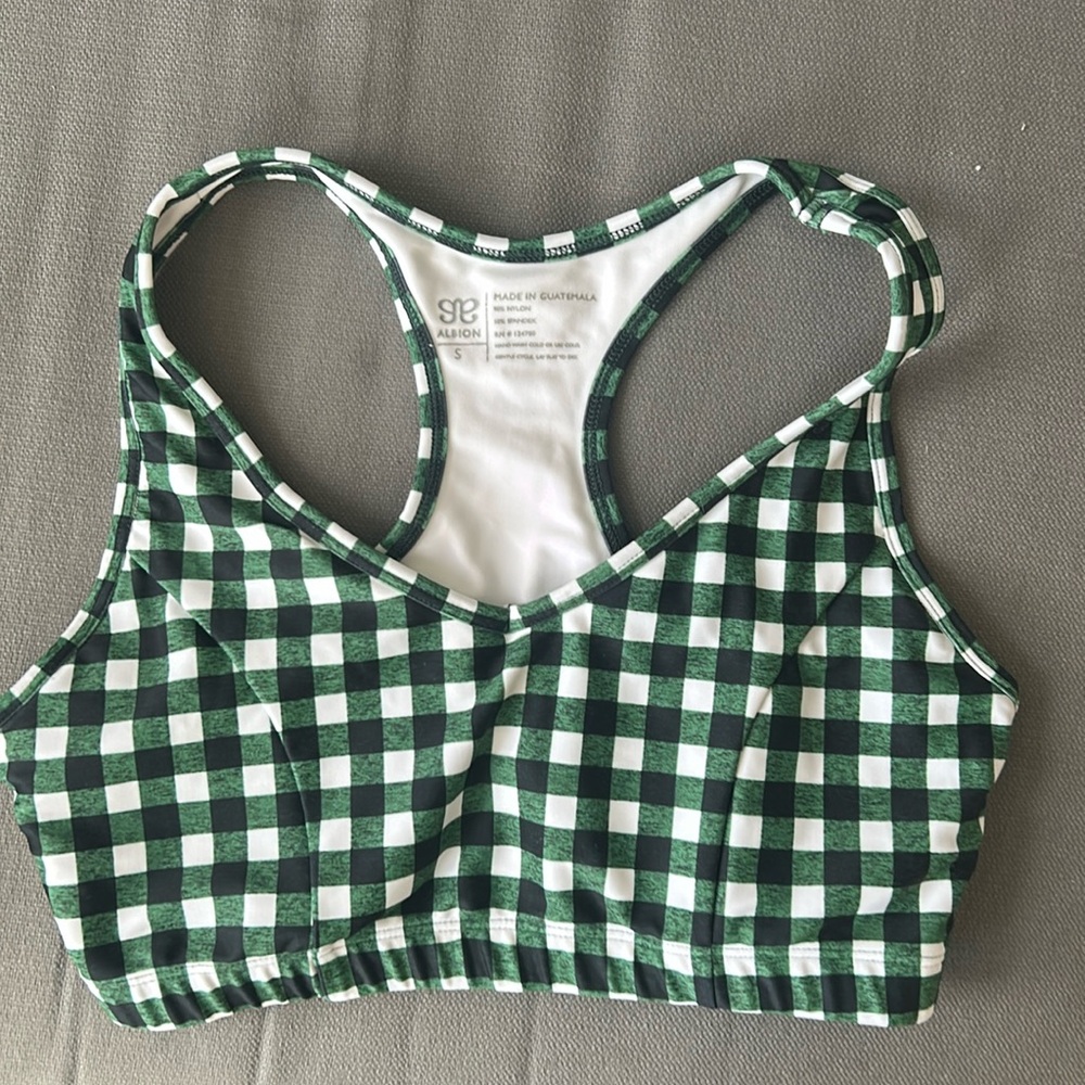 Albion Green White Check Pattern Racerback Sports Bra Size Small